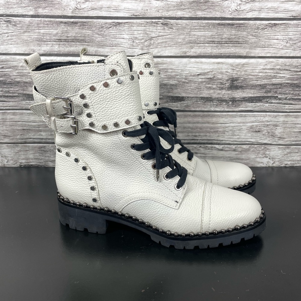 Sam Edelman Jennifer Bright White Leather Lace Up Studded Combat Boots - 8.5